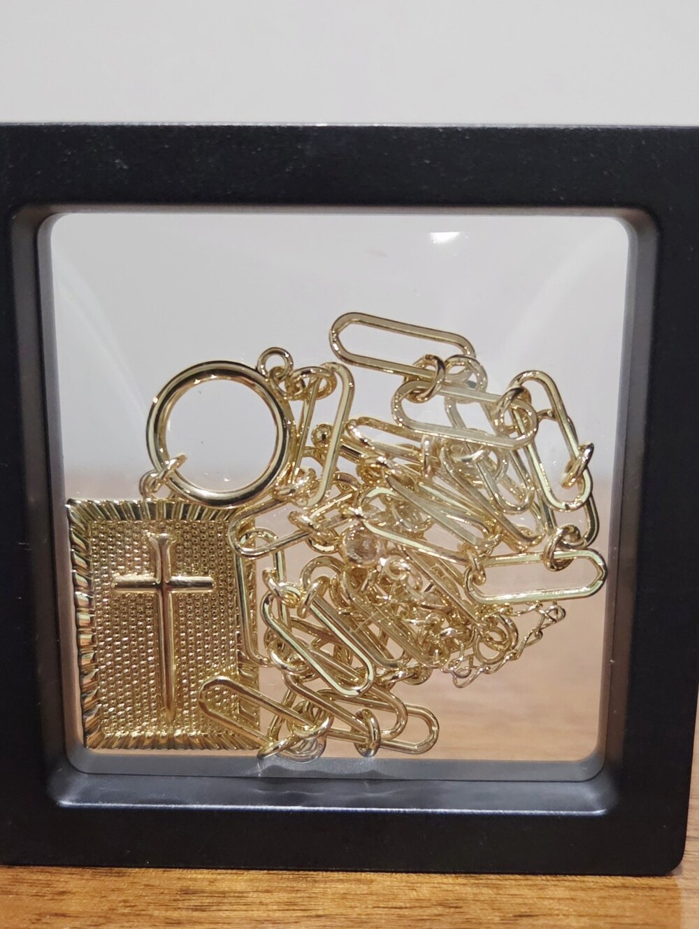 Tewiky 14K Gold Plated Engraved With Cross Design Chunk Paperclip Style Chain